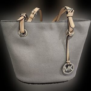 Michael Kors Light Gray Leather Tote with Tan Straps